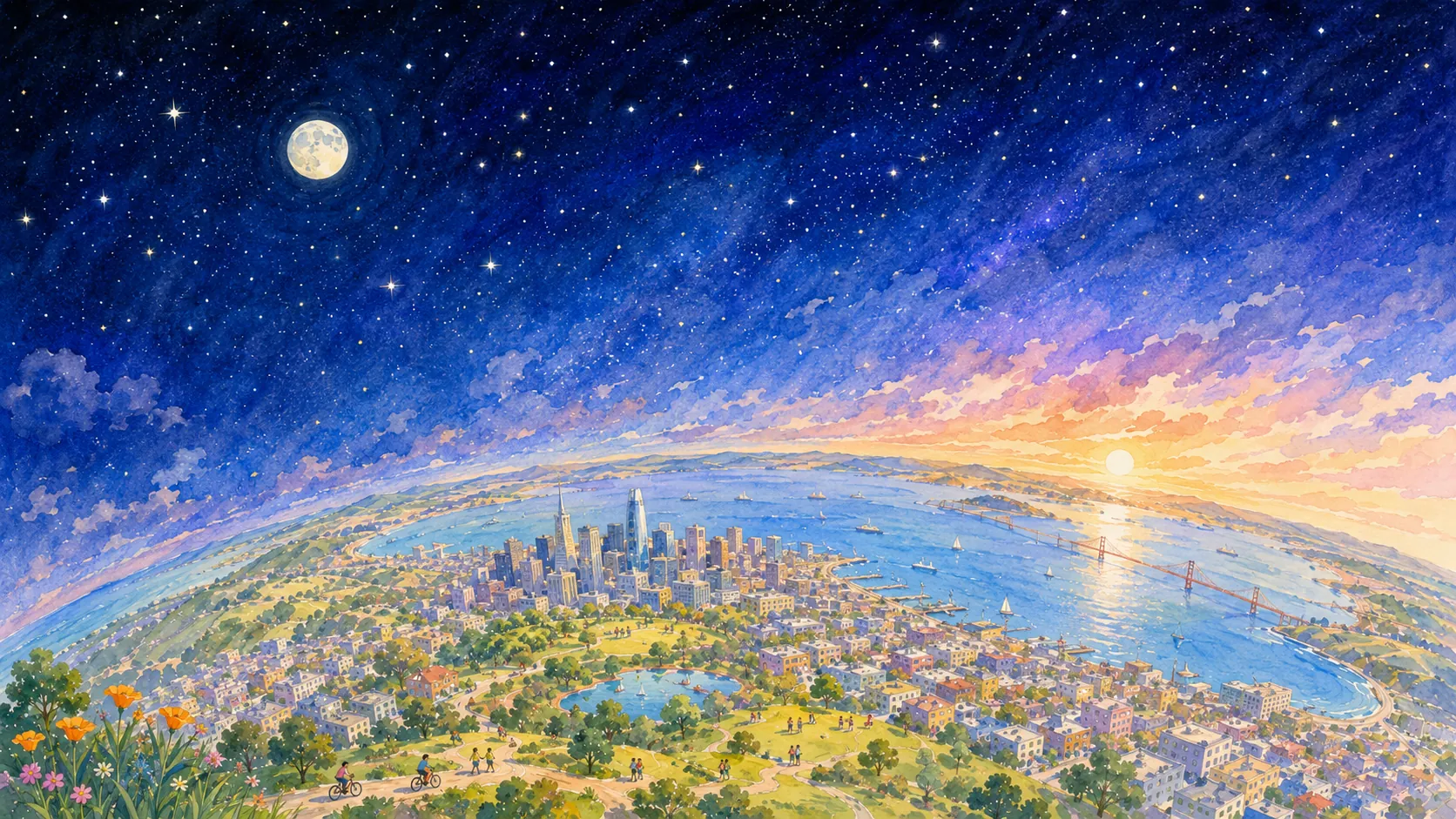 Une ville vue du ciel au crépuscule : la nuit étoilée d'un côté, le lever du jour de l'autre.